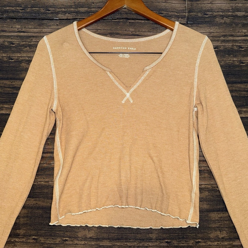 American Eagle Outfitters Long Sleeve Top Women's M Ribbed Mustard Yellow Shirt